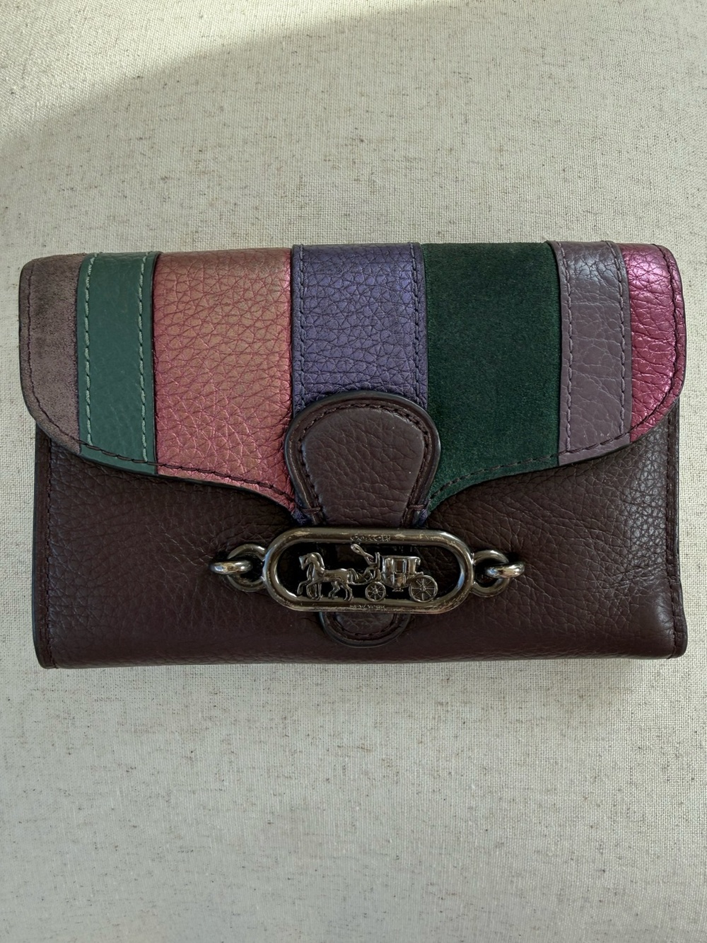 Coach Jade Envelope Wallet Striped Leather & Suede Oxblood Multi